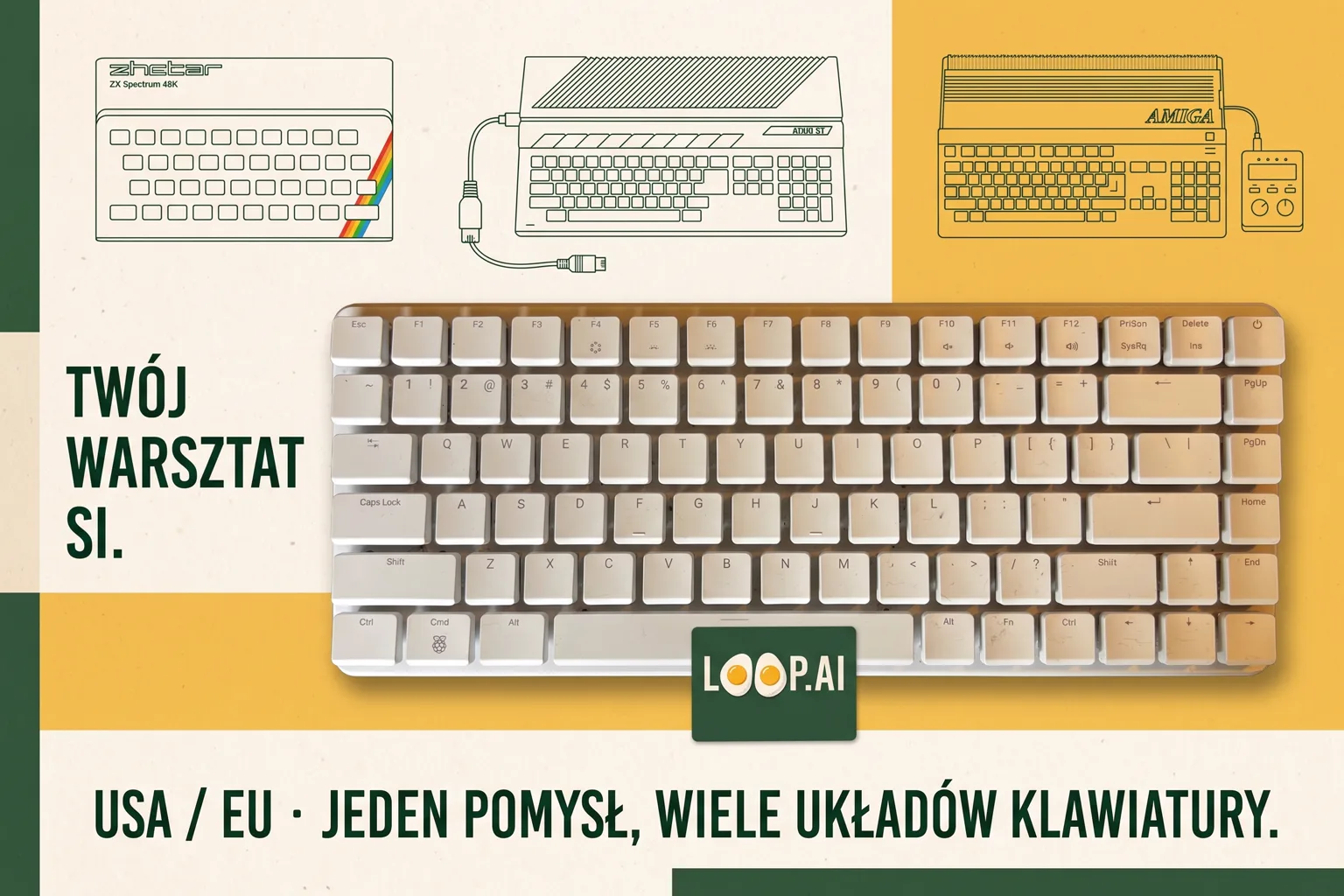 Wizualizacja SI: Pi 500+ na graficznym plakacie z rysunkami dawnych komputerów. Naklejka zachodzi poniżej spacji.