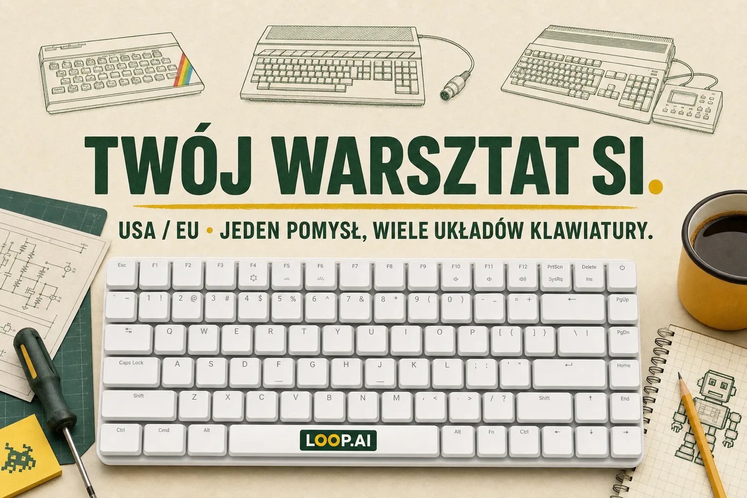 Wizualizacja SI: Pi 500+ w plakacie warsztatowym, rysunki ZX Spectrum, Atari ST i Amigi, naklejka L00P.AI na spacji.